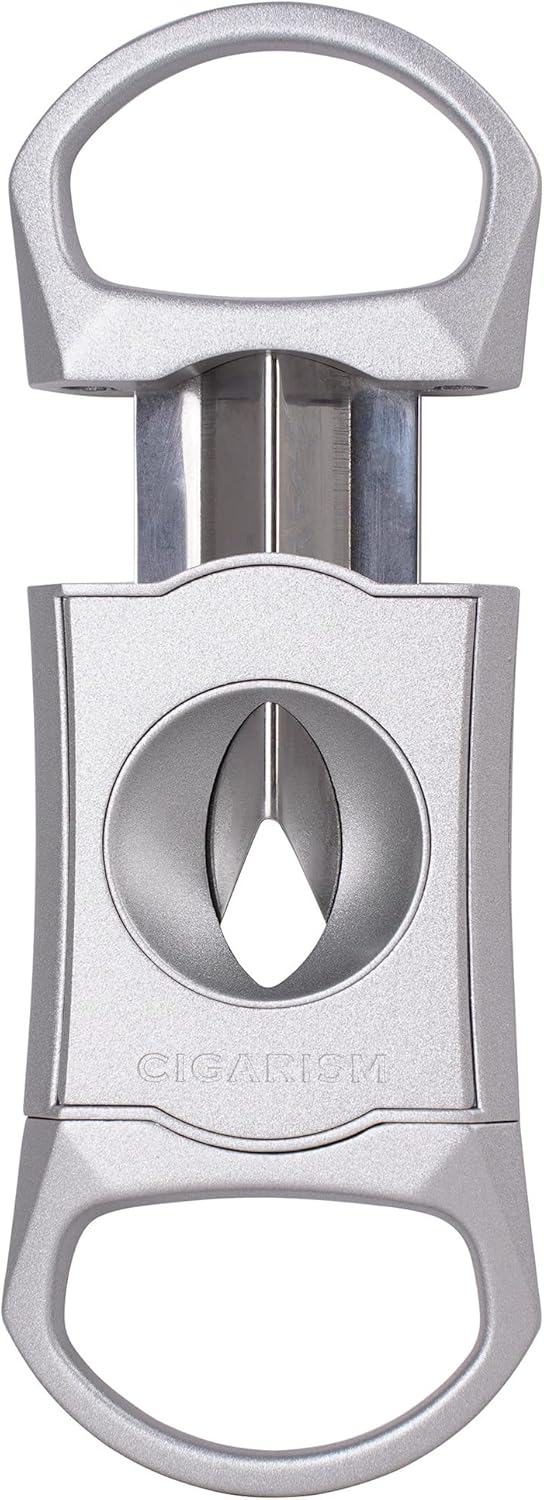 V-Cut Cigar Cutter - Stainless Steel Blade, Up to 60+ Ring Gauge in Leather Gift Case (Silver)