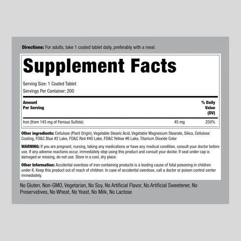 Slow Release Iron Supplement 45mg | 200 Tablets | Ferrous Sulfate | Vegetarian, Non-GMO, Gluten Free | by Piping Rock