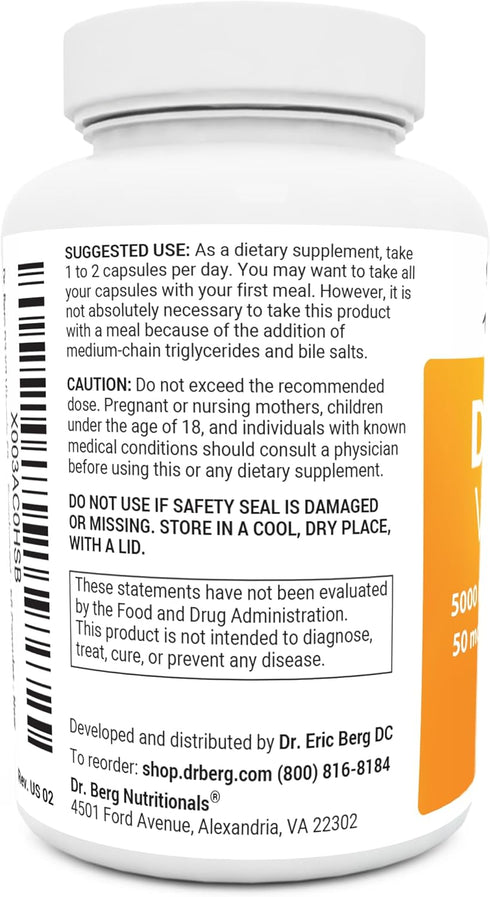 Dr. Berg D3 K2 Vitamin 5000 IU w/MCT Oil - 60 Capsules, Includes 50 mcg MK7 Vitamin K2, Zinc & Magnesium for Absorption