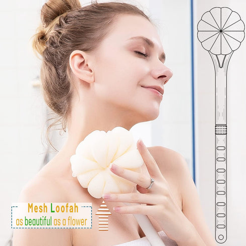 Shower Body Brush with Soft Bristles and Pumpkin Loofah, 14” Long Handle Back Scrubber for Skin Exfoliating Bath