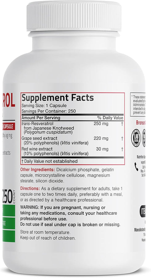 Bronson Resveratrol 500 Complex, Standardized Trans-Resveratrol with Grape Seed & Red Wine Extract, 250 Capsules