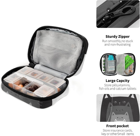 Naanle 7 Funny Cats in Row Pill Box Day Pill Case Travel Pill Organizer Bag with Zipper Portable Weekly Case Compact