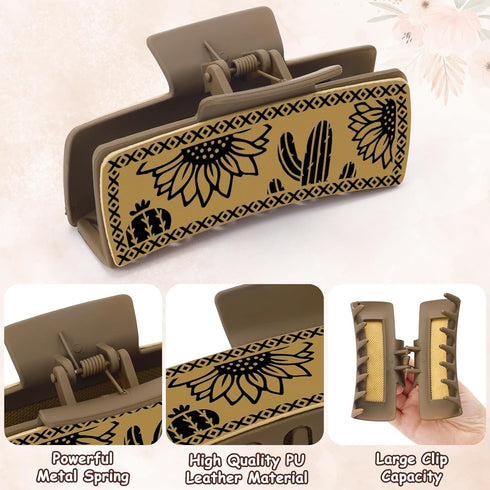 Western Leather Hair Claw Clips, Sunflower Floral Square Claw Clips for Hairstyling, Cowhide Accessories