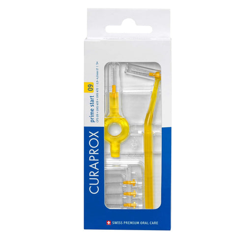Curaprox CPS 09 Prime Start Interdental Brushes Set, 5 Brushes + 2 Holders, 0.9 mm Diameter, Yellow for Effective