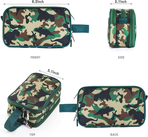 Kids Toiletry Bag for Boys - Waterproof Hanging Wash Bag, Travel Toiletries for Little Young Boys, Dinosaur Camo
