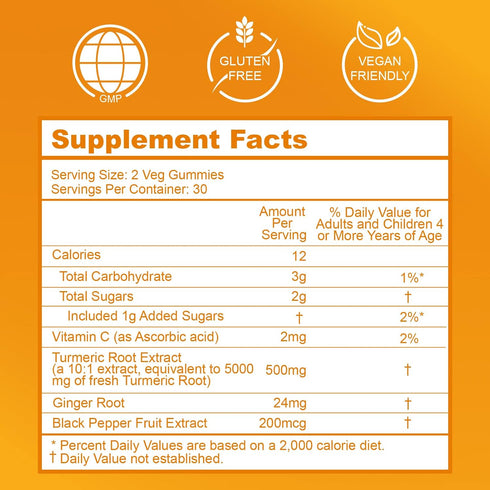 Turmeric Curcumin Gummies, 120 Gummies - 500mg for Adults with Black Pepper, Ginger Root, Vitamin C, Low Sugar, Orange
