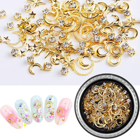 SILPECWEE 3D Nail Rhinestones and Studs Set, 6 Boxes, Gold Nail Rivets, Clear Nail Jewelry Decorations