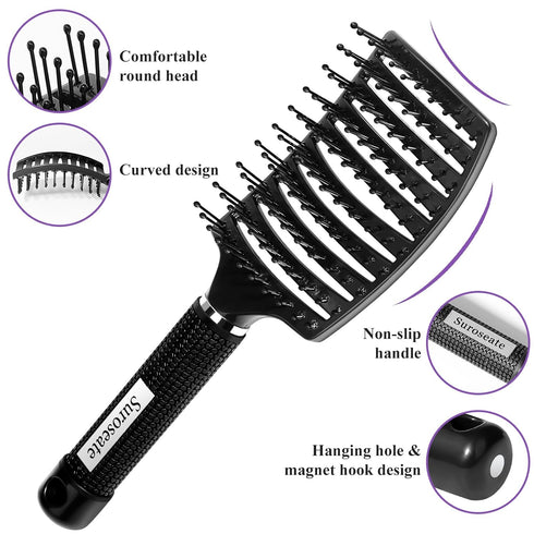 Hair Brush, Detangler Hair Brushes for Women Men Kids Faster Blow Drying, Curved Vent Detangling Brush for Wet Dry Curly Straight Thick Thin Hair Adds Shine, Makes Hair Smooth (black)