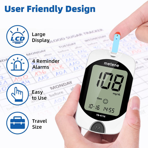 Metene TD-4116 Blood Glucose Monitor Kit with 100 Glucometer Strips, 100 Lancets, and Control Solution
