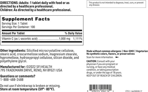 Klaire Labs Vitamin C - 1000 Milligrams L-Ascorbic Acid in Coated Tablets, 100 Tablets