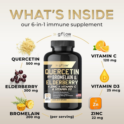 Quercetin with Vitamin C and Zinc - 500mg Quercetin with Bromelain - 120 Veggie Caps, Elderberry with Zinc & Vitamin C