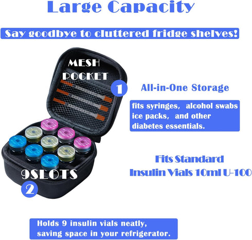 JFGLORIX 10ml U-100 Vials,9-Slot,Black (9 Insulin Fridge Holder Storage Case Insulin Vial Protector Holder Insulin