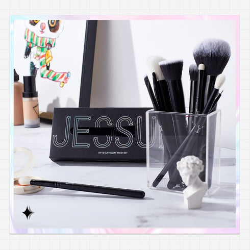 Jessup 10pcs Makeup Brush Set, Professional Black Brushes with Natural Synthetic Hair for Foundation, Blending, Blush,