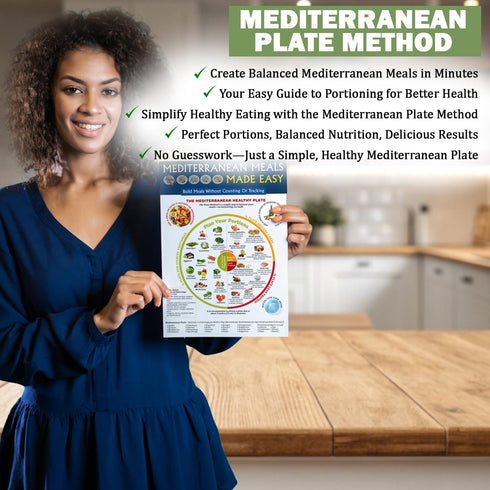Nonlae 3 Mediterranean Diet Charts - Food List, Easy Meal Plan & Recipes, Beginner Guide with Serving Sizes, Net Carbs