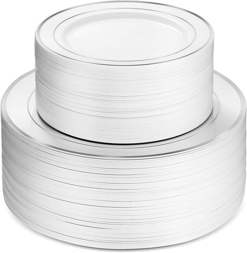 125 Piece Silver Dinnerware Party Set - 50 Silver Rim Plastic Plates, 25 Dinner Plates, 25 Dessert Plates, 25 Forks, 25
