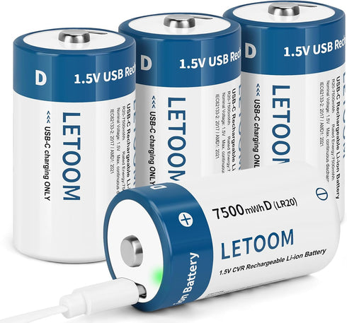 letoom D Batteries Rechargeable with 4 in 1 USB C Charging Cable D