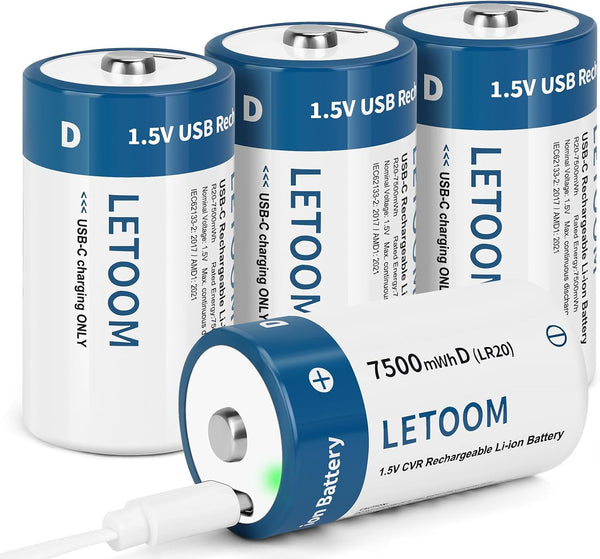 letoom D Batteries Rechargeable with 4 in 1 USB C Charging Cable D