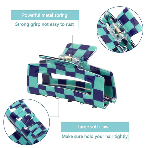 Whaline 6 Pack Checkered Hair Claw Clips - Strong Hold Rectangle Multicolored Plaid Non-Slip Hair Clips