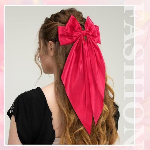 Large Pink Oversized Hair Bows, 4 Pack Satin Ribbons and Long Tail Barrettes for Women Girls