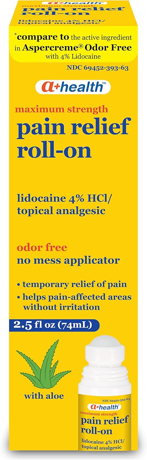 Pain Relief Roll-On Liquid, Lidocaine 4%, Odor Free, Maximum Strength Pain + Itch Relief with Aloe, Made in USA, 2.5 fl Ounces