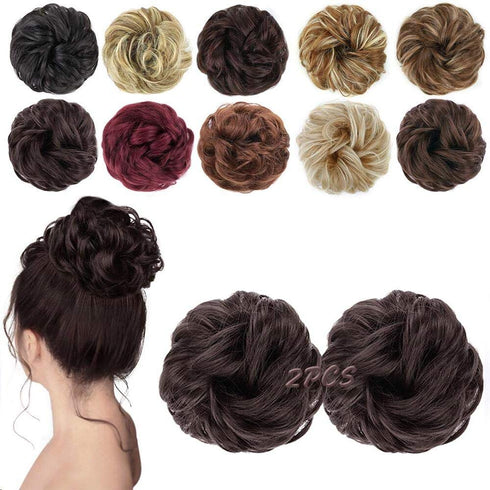 MORICA 2PCS Messy Bun Hair Pieces, Fake Bun Scrunchies for Thin Hair, Curly Wavy Dark Brown