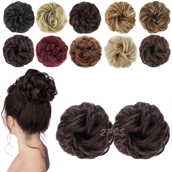 MORICA 2PCS Messy Bun Hair Pieces, Fake Bun Scrunchies for Thin Hair, Curly Wavy Dark Brown