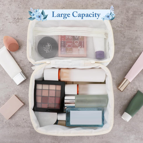 Quilted Cotton Makeup Bag - Blue Cute Floral Travel Cosmetic Bags, Large Aesthetic Skincare Pouch for Women