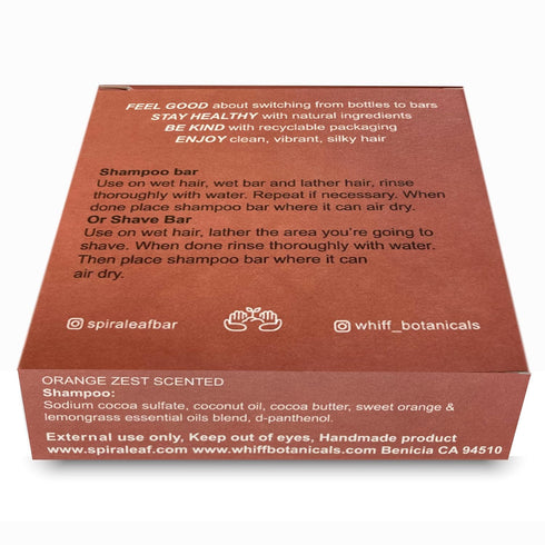 SPIRALEAF Shampoo & Shave Bar, Plant-Based, 2.25oz, Concentrated Formula with Essential Oils, USA Made, Orange Zest