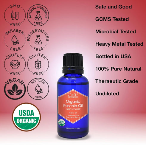 Zongle Therapeutics Organic Rosehip Oil for Face, Cold Pressed – 100% Pure, for Skin and Hair, 1 OZ