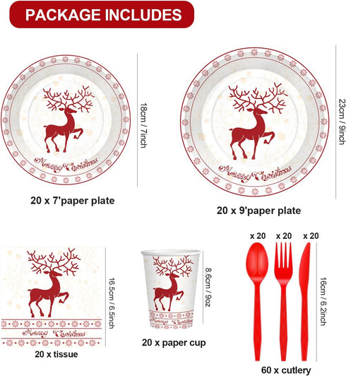 Xionpe 140-Pc Set 20 Christmas Disposable Tableware for Guests - Reindeer Themed Party Supplies with Dinner Plates