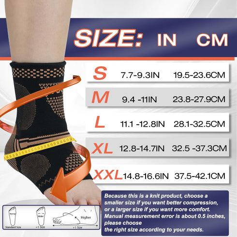 Copper Ankle Brace for Men & Women - (1 Pair) Compression Sleeve for Plantar Fasciitis, Achilles Tendonitis, Ankle