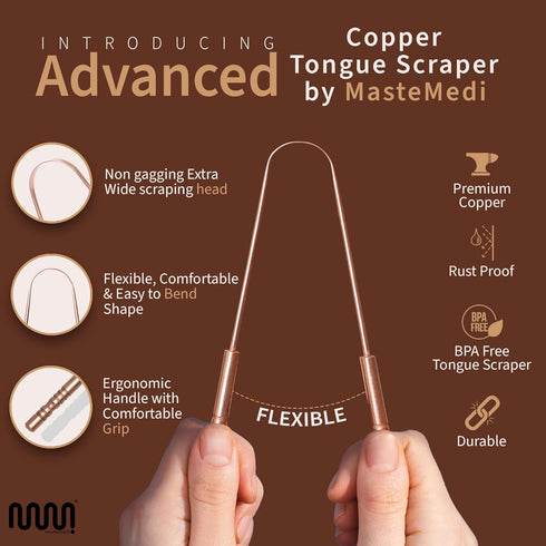 MasterMedi Pure Copper Tongue Scraper - Tongue Scrubber for Bad Breath, Easy to Use, Tongue Cleaner for Oral Care &