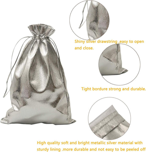 Pack of 100 Heavy Duty Silver Drawstring Organza Jewelry Pouches - 5"x 7" for Wedding Party Favor Bags