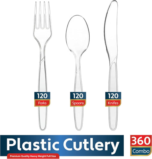 360 Count Plastic Silverware Set, 120 Clear Plastic Forks, 120 Plastic Spoons, 120 Plastic Knives, Heavy Duty BPA Free Disposable Plastic Cutlery Set, Premium Clear Utensils for Party Supplies by Munfix