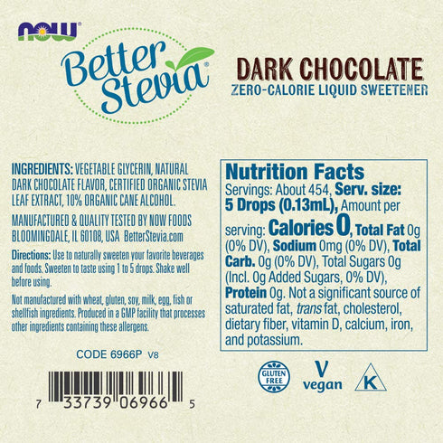 NOW Foods Better Stevia Liquid, Dark Chocolate, Zero-Calorie Sweetener, Low Glycemic Impact, 2-Ounce (2 Pack)