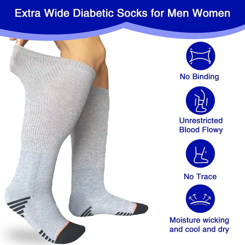 Ioryzek 2 Grey-2Pairs) Diabetic Socks Extra Width Non Binding Pairs Bariatric Sock Neuropathy Hospital Swollen Socks