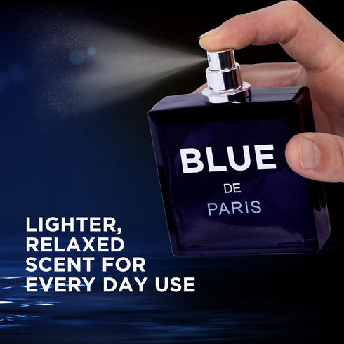 NovoGlow Blue De Paris for Men - 3.4 Fl. Oz. Perfume with Carrying Pouch - Woody Floral & Fruity