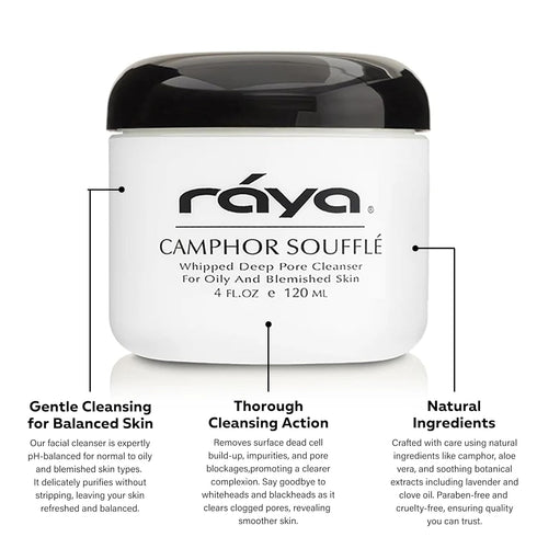 Raya Camphor Soufflé Facial Cleanser (101) - pH-Balanced Blemish Wash for Oily Skin, Blackheads & Whiteheads - 4oz