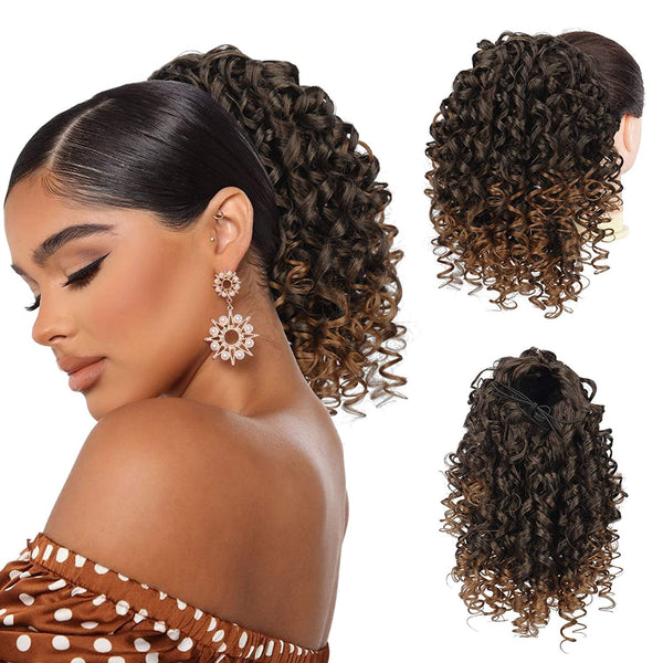 PEACOCO Curly Ponytail Extension Drawstring for Black Women - 10 Inch Clip on Synthetic Afro Hairpiece for Daily Use