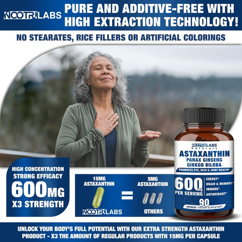 Astaxanthin 15mg + Panax Ginseng, Ginkgo Biloba Supplements, 90 Vegan Capsules for Eye, Skin, Joint Health