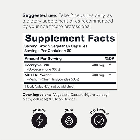 Ultra High Purity CoQ10 400mg - 98% Purified Third-Party Tested CoQ10 Supplement with MCT Oil for Added Bioavailability - High Absorption Coenzyme Q10 -Bioavailable Supplement -120 Veggie Capsules TQ
