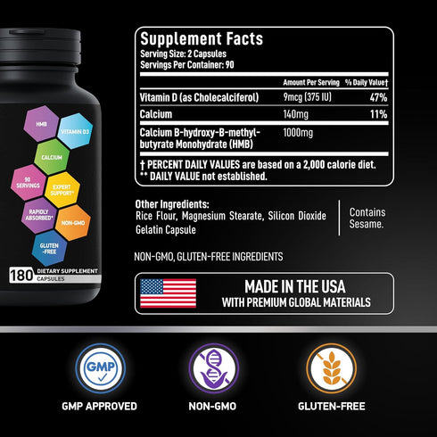 Advanced HMB Vitamin D3 Supplement 1,000mg Formula - 180 Capsules