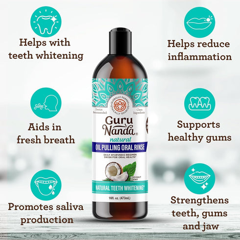 GuruNanda Coconut Oil Pulling, 16 fl oz, with 7 Essential Oils and Vitamin D3, E, K2 for Fresh Breath and Gum Health