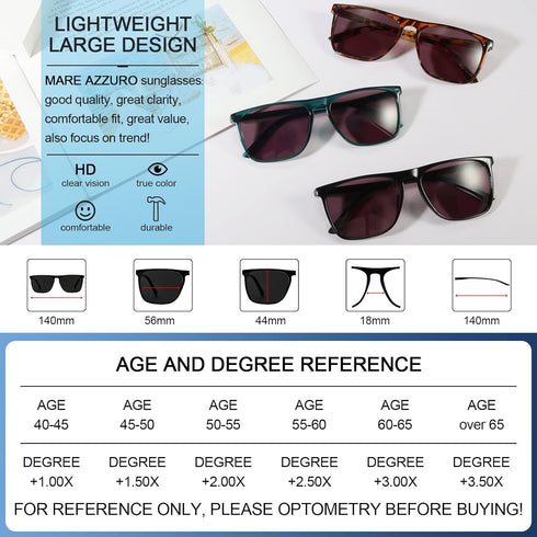 MARE AZZURO Large Square Reader Sunglasses, Men Outdoor Sun Reading Glasses, Black, 1.25