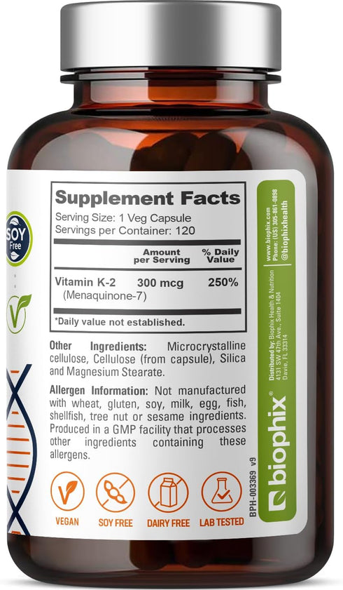 biophix Vitamin K2 MK-7 - 300 mcg, 120 Vcaps - High-Potency for Strong Bones & Immune Health