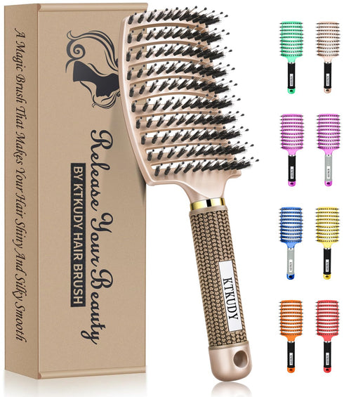 KTKUDY Gold Detangling Brush, Boar Bristles Hairbrush for Wet and Dry Hair, Pain-Free Knot Removal