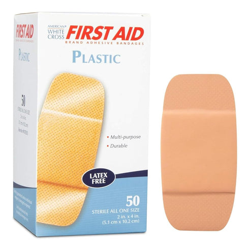 261846 First Aid Plastic Adhesive Bandages, Latex Free, Large Strips, 2" Width, 4" Length, Pack of 50