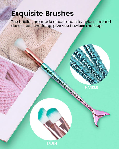 Mermaid Makeup Brushes Set, NIZIYI 11PCS Make Up Foundation Powder Cream Eyebrow EyeShadow Eyeliner Lip Blush Concealer Kabuki Beauty Brushes with Bag for Girls Christmas & Birthday Gift