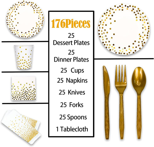 176 Pieces Gold Disposable Party Dinnerware Set, Black Paper Plates, Napkins, Cups, Gold Plastic Utensils