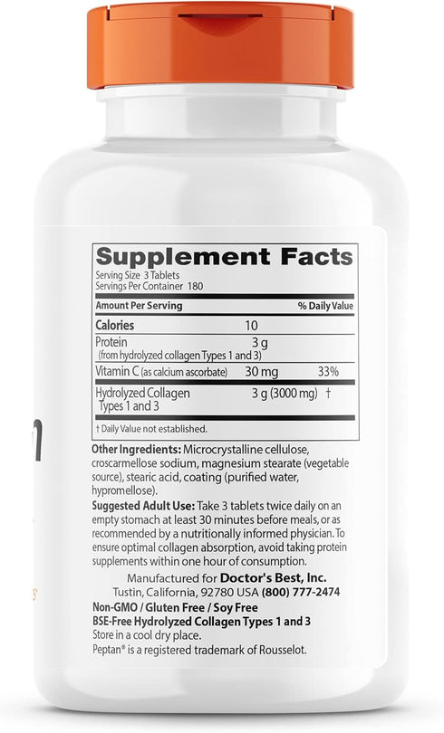 Doctor's Best Collagen Types 1 & 3, Non-GMO, Gluten Free, 1000 Mg, 540 Tablets, Supports Hair, Skin, Nails